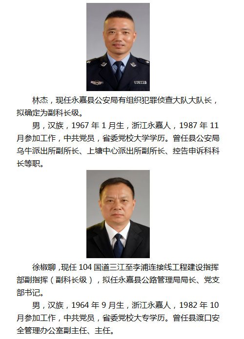 永嘉县拟提拔任用(转任重要岗位)县管领导干部任前公示通告