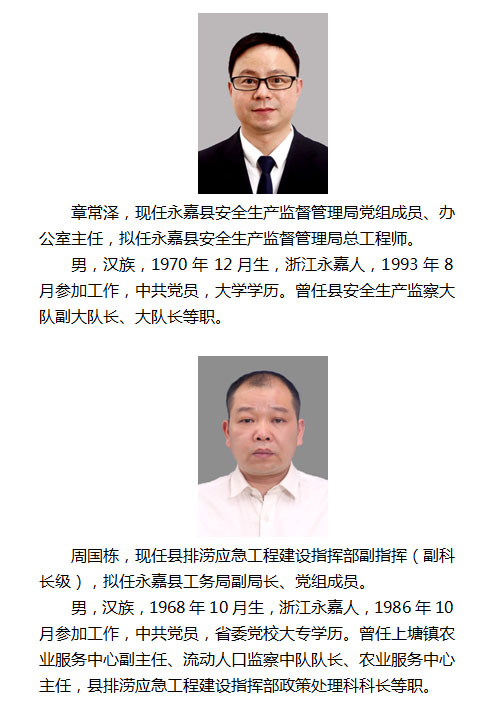 永嘉县拟提拔任用(转任重要岗位)县管领导干部任前公示通告