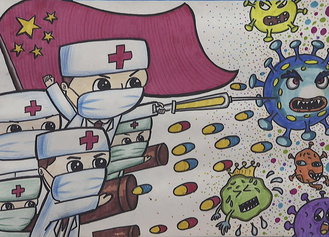 县机关二幼开办"大手拉小手抗疫有'画'说"主题画展